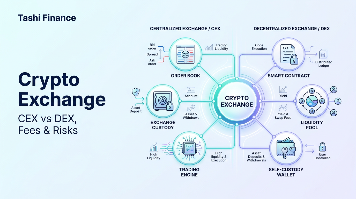 Crypto exchange infrastructure comparing CEX and DEX, order books, liquidity pools, custody, trading, fees, and security