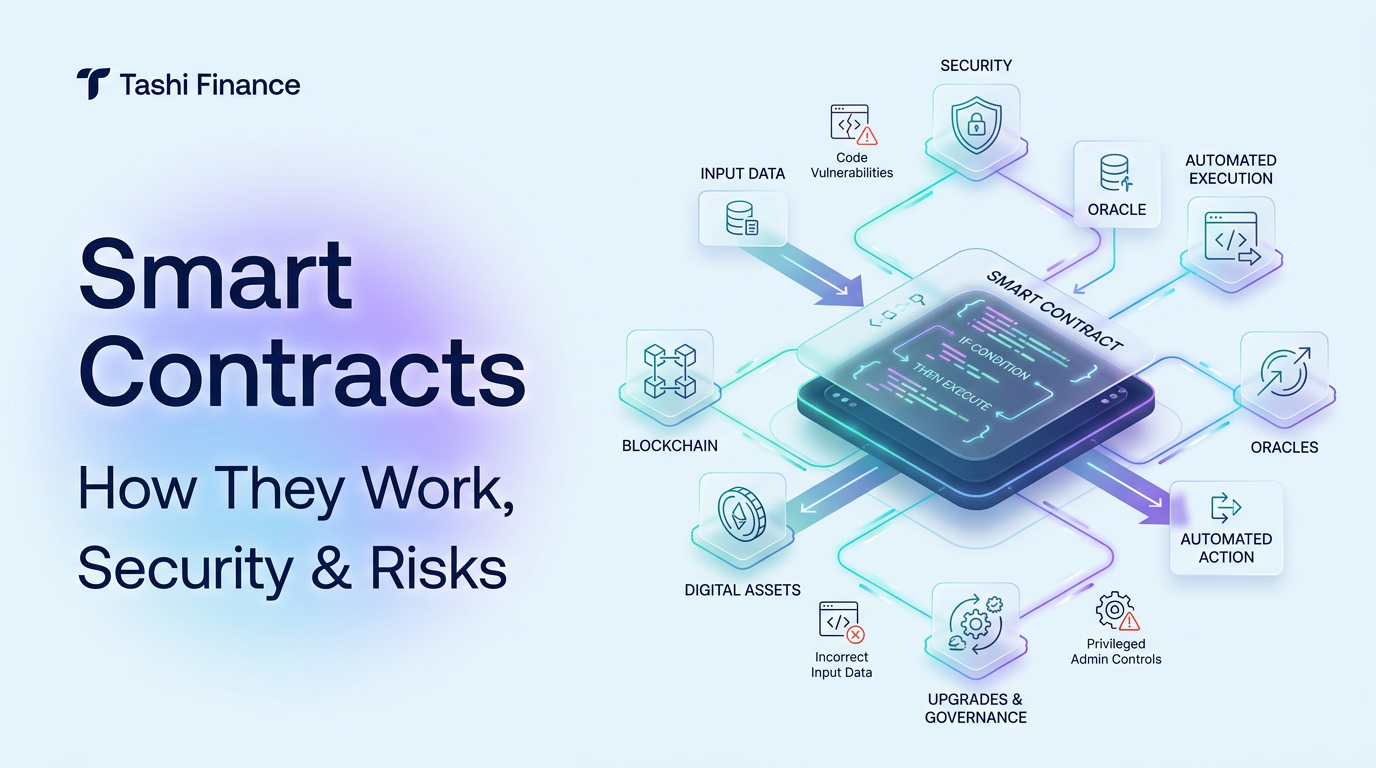 Smart contract system with blockchain, automated execution, digital assets, oracles, security, and governance