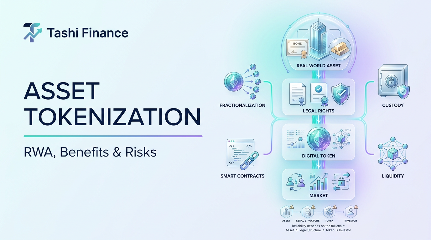 Asset tokenization showing real-world assets, legal rights, digital tokens, smart contracts, custody, and market liquidity