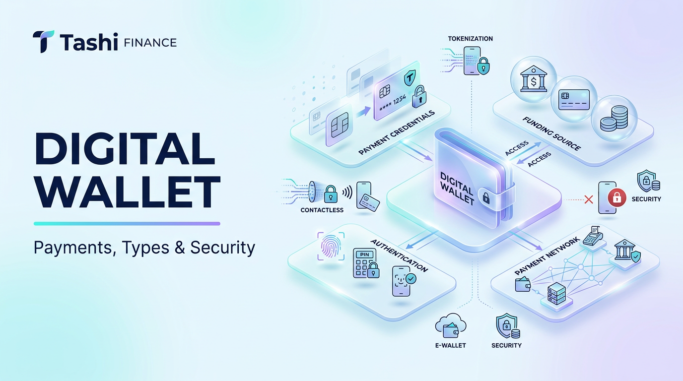 Digital wallet showing payment credentials, funding sources, tokenization, authentication, contactless payments, and security