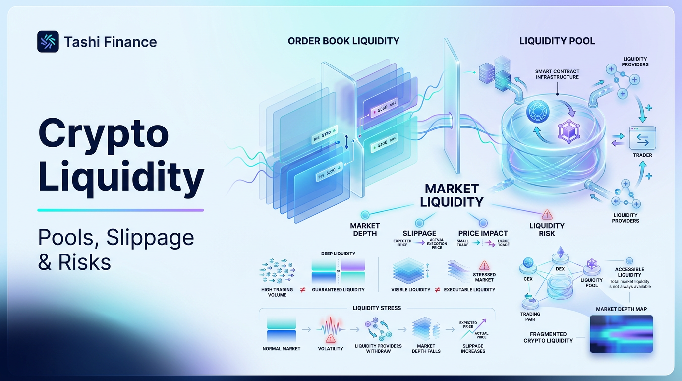 Crypto liquidity with order book depth, liquidity pools, providers, slippage, price impact, and liquidity risk