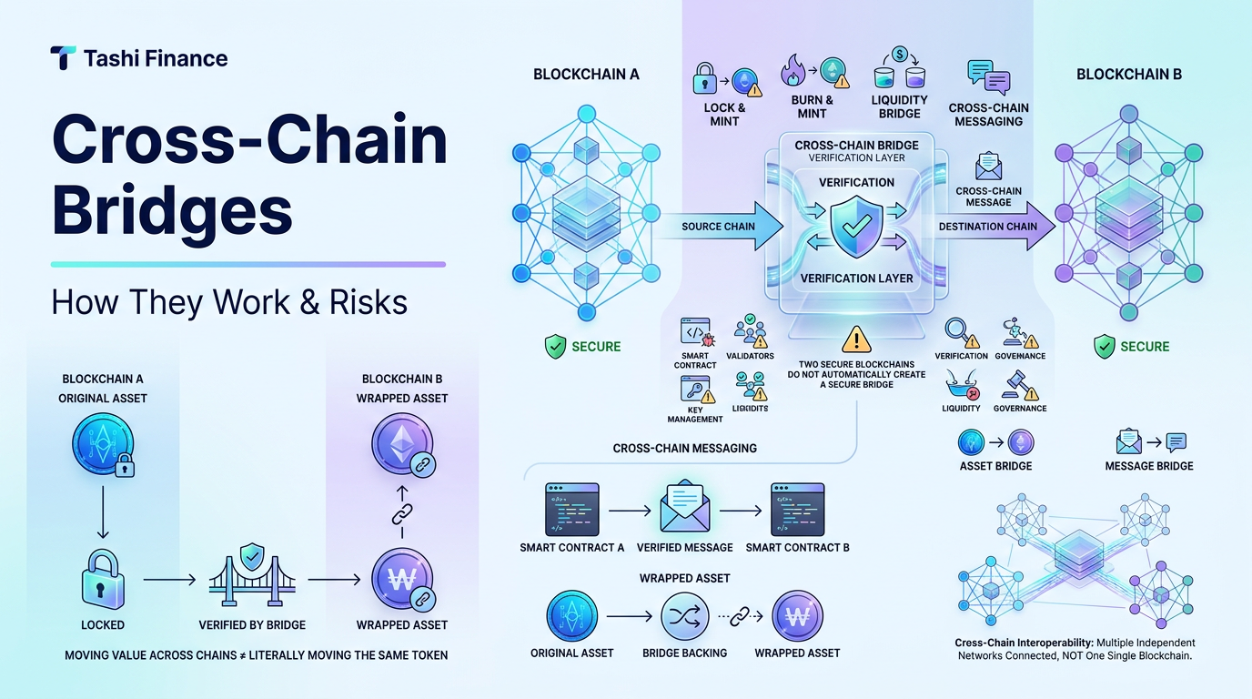 Cross-chain bridges connecting separate blockchains through verification, wrapped assets, smart contracts, and cross-chain messaging