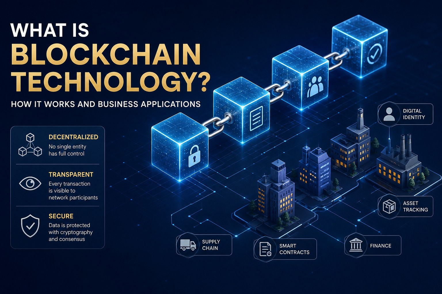 Blockchain technology for business, supply chains, smart contracts, digital identity, and asset tracking