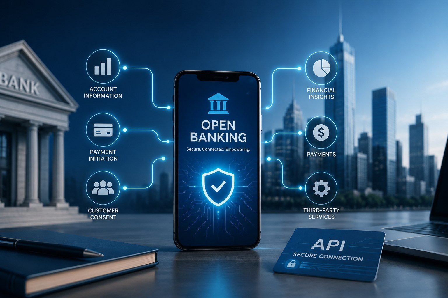 Open banking API connecting account information, payments, customer consent, and third-party financial services